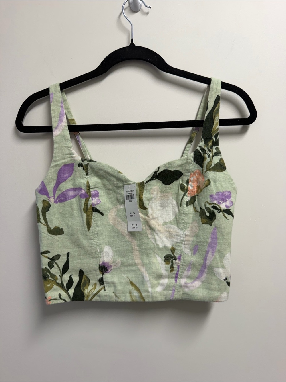 Women's Floral Linen Cotton Woven Cropped Tank Sweetheart Wide Strap Size S